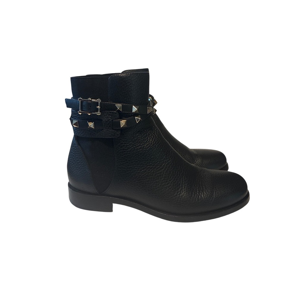 Valentino Garavani Rockstud Black Pebbled Leather Ankle‎ Boots Size 35.5 IT